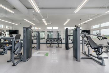 A gym with a variety of equipment including treadmills, weights, and exercise machines.